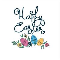 Easter wreath with hand-lettered greetings inside. Eggs, flowers, leaves isolated on white background vector