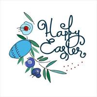 Easter wreath with hand-lettered greetings inside. Eggs, flowers, leaves isolated on white background vector