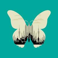 ilustración acerca de un mariposa con diseño ciudad en fondo vector