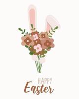 Greeting card with Easter bunny holding bouquet. Vector illustration. Happy Easter