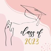 Class of 2023. One line art with student tossing up his graduation cap. Trendy one line draw design graphic vector illustration.