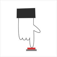 Hand push a red button. Forefinger press start or stop and turns on or off. Vector flat illustration.