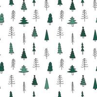 Doodle seamless pattern with trees in forest. Green spruce. Line illustration. vector
