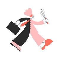 Happy walking man divided into two parts, was an office worker or businessman, now a cook. Middle life career change for unemployed or fired. New profession concept. Vector flat illustration.