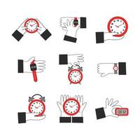 Hands hold clock and watch clipart set. Time management, deadlines, productivity concept. Minimalistic vector flat illustration.