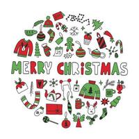 Navidad símbolos y elementos en círculo. acogedor invierno y alegre Navidad fiesta letras. mano dibujado garabatear vector ilustración colocar.