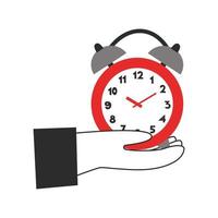 Hands holding alarm clock on the palm. Time management concept. Early or late actions, start and finish, hours and minutes, beginning and end, deadline vector flat illustration.