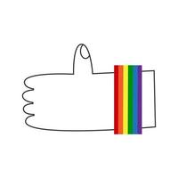 Hand with lgbt thumb up. Gay like symbol with rainbow pride flag wristband. Diversity and inclusion concept. Vector flat illustration.