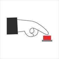 Hand push a red button. Forefinger press start or stop and turns on or off. Vector flat illustration.