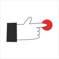 Hand push a red button. Forefinger press start or stop and turns on or off. Vector flat illustration.