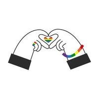 Hands make rainbow heart shape. Gay lgbt flag symbol. Happy pride, Valentines day, diversity and inclusion concept. Vector flat illustration.