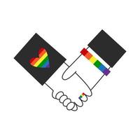 gay personas con arco iris bandera lgbt símbolos sostener manos. san valentin día amor. contento orgullo, diversidad y inclusión concepto. vector plano ilustración colocar.