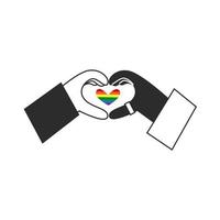 Hands make rainbow heart shape. Different ethnicities with a gay lgbt flag symbol. Happy pride, Valentines day, diversity and inclusion concept. Vector flat illustration.