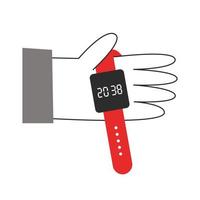 Hand holding electronic watch on the palm. Time management concept. Early or late actions, start and finish, hours and minutes, beginning and end, deadline vector flat illustration.