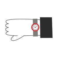 mano con reloj en el muñeca. hora administración concepto. temprano o tarde comportamiento, comienzo y finalizar, horas y minutos, comenzando y fin, fecha límite vector plano ilustración.