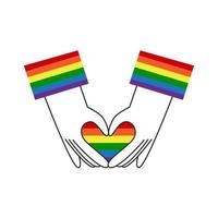Hands make rainbow heart shape. Gay lgbt flag symbol. Happy pride, Valentines day, diversity and inclusion concept. Vector flat illustration.