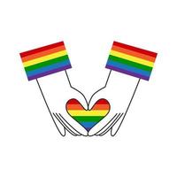 Hands make rainbow heart shape. Gay lgbt flag symbol. Happy pride, Valentines day, diversity and inclusion concept. Vector flat illustration.