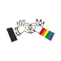 Hands make rainbow heart shape. Gay lgbt flag symbol. Happy pride, Valentines day, diversity and inclusion concept. Vector flat illustration.