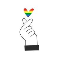 Hand makes rainbow heart shape korean symbol. Happy pride, lgbt Valentines day, love, diversity and inclusion concept. Vector flat illustration.