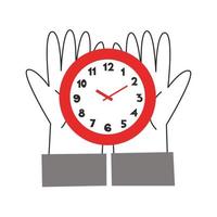 Hands holding clock on the palm. Time management concept. Early or late actions, start and finish, hours and minutes, beginning and end, deadline vector flat illustration.