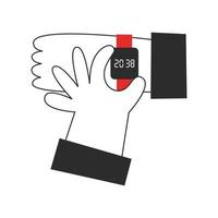 Hands holding electronic watch on the wrist. Time management concept. Early or late actions, start and finish, hours and minutes, beginning and end, deadline vector flat illustration.