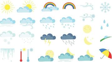 Vector weather cartoon icon set. Icons for weather forecast. Sun and moon, rain and snow, clouds, rainbow, snowflakes and raindrops, wind, lightning.