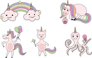 Rainbow Unicorn Character Set For Kids Design, Hand drawn Doodle Art For Cards and Invitation vector