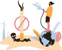 No Smoking, Man Dodging Cigarette Standing On Earth No Tobacco Day Illustration vector