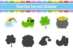 Find the correct shadow. Education developing worksheet. Matching game for kids. Color activity page. Puzzle for children. Cute character. Vector illustration.