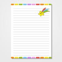 Sheet template for notebook, notepad, diary. Lined paper. Cute character. With a color image. cartoon style. Vector illustration.