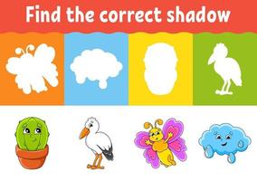 Find the correct shadow. Education worksheet. Matching game for kids. Color activity page. Puzzle for children. cartoon character. Vector illustration.