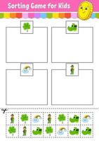 Sorting game for kids. Cut and glue. Education developing worksheet. Matching game for kids. Color activity page. Puzzle for children. Cute character. Vector illustration.