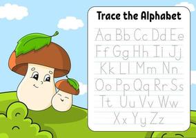 Writing letters. Tracing page. Practice sheet. Worksheet for kids. Learn alphabet. Cute character. Cartoon style. Vector illustration.