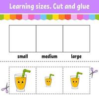 Learning sizes. Cut and glue. Easy level. Color activity worksheet. Game for children. Cartoon character. Vector illustration.