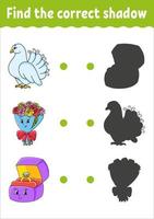 Find the correct shadow. Education developing worksheet. Matching game for kids. Color activity page. Puzzle for children. Cute character. Vector illustration. cartoon style.