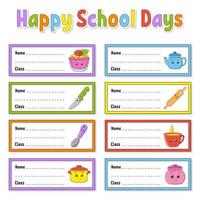 Name and class. Back to school labels. Set stickers for notebook. Bright stickers. Rectangular label. Vector illustration.
