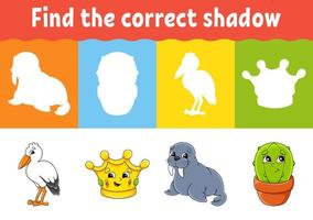 Find the correct shadow. Education worksheet. Matching game for kids. Color activity page. Puzzle for children. cartoon character. Vector illustration.