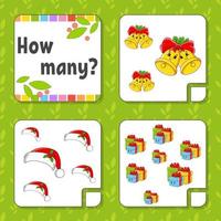 Counting game for children. Happy characters. Learning mathematics. How many object in the picture. Education worksheet. Christmas theme. Isolated vector illustration in cute cartoon style.