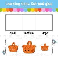 Learning sizes. Cut and glue. Easy level. Color activity worksheet. Game for children. Cartoon character. Vector illustration.