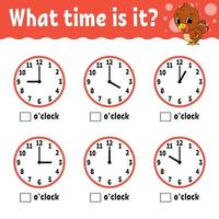 Learning time on the clock. Educational activity worksheet for kids and toddlers. Game for children. Simple flat isolated color vector illustration in cute cartoon style. Vector illustration.