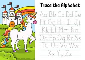 Writing letters. Tracing page with unicorn. Practice sheet. Worksheet for kids. Learn alphabet. Cute character. Color vector illustration. Cartoon style.