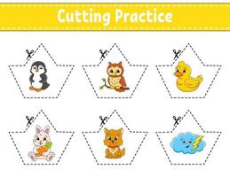 Cutting practice for kids. Education developing worksheet. Activity page. Vector illustration.