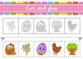 Cut and play. Paper game with glue. Flash cards. Education worksheet. Activity page. Scissors practice. Vector illustration.