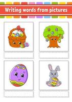 Writing words from pictures. Learn English words. Education developing worksheet. Color activity page. cartoon character. Vector illustration.