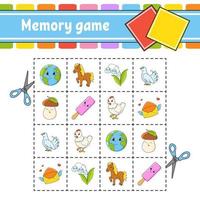 juego de memoria para niños. hoja de trabajo de desarrollo educativo. página de actividades con imágenes. juego de rompecabezas para niños. entrenamiento del pensamiento lógico. personaje divertido estilo de dibujos animados ilustración vectorial vector