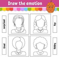 Draw the emotion. Worksheet complete the face. Coloring book for kids. Cheerful character. Vector illustration. Black contour silhouette. Vector illustration.