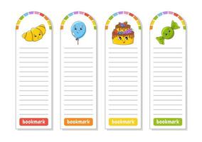 Set of paper bookmarks for books with cute cartoon characters. For kids. Isolated on white background. Vector illustration.