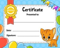 Certificate template for kids. Colorful school and preschool diploma. With cute character. Vector illustration.