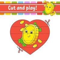 Cut and play. Logic puzzle for kids. Education developing worksheet. Learning game. Activity page. Cutting practice for preschool. Vector illustration.