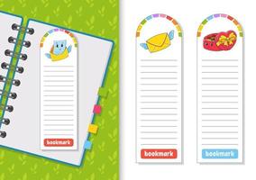 Set of paper bookmarks for books with cute cartoon characters. For kids. Isolated on white background. Vector illustration.